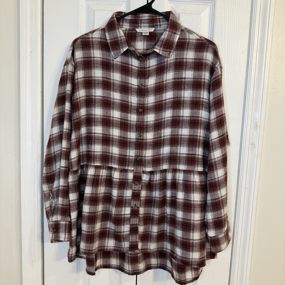 American Eagle Women's Oversized Fit‎ Button Down  Flannel Shirt Sz XS Fits Lg